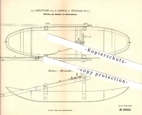 original Patent - von Leszczynski und A. Lehnigk in Vetschau , N.-L. , 1886 , Abmähen von Wasserpflanzen , Garten !!!