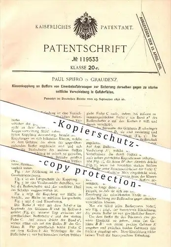 original Patent - Paul Spiero in Graudenz , 1898 , Klauenkupplung an Eisenbahnen , Kupplung , Fahrzeugbau !!!