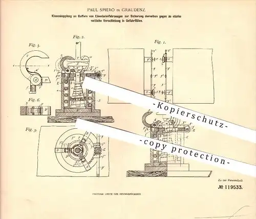 original Patent - Paul Spiero in Graudenz , 1898 , Klauenkupplung an Eisenbahnen , Kupplung , Fahrzeugbau !!!