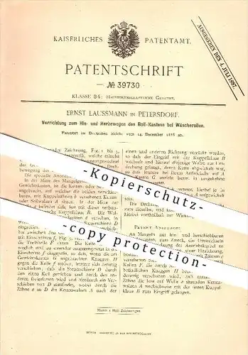original Patent - Ernst Laussmann in Petersdorf , 1886 , Roll-Kasten bei Wäscherollen , Haushalt !!!
