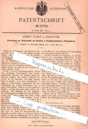 Original Patent - Albert Eylert in Hannover , 1885 , Pumpen !!!