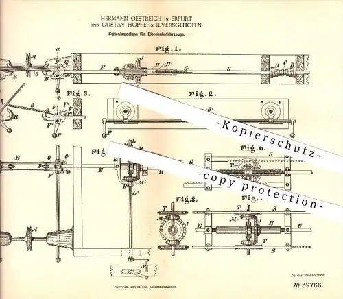 original Patent - Hermann Oestreich in Erfurt & Gustav Hoppe in Ilversgehofen , 1886 , Kupplung für Eisenbahnen !!!