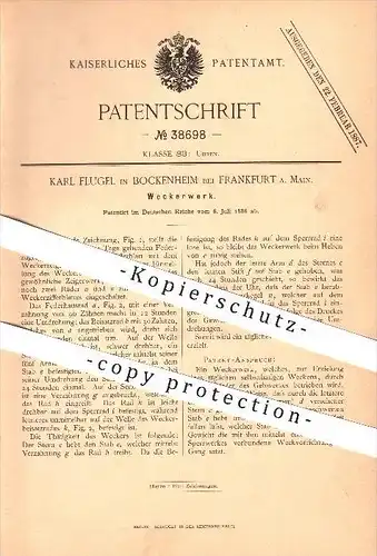 original Patent - Karl Flugel in Bockenheim bei Frankfurt a. Main , 1886 , Weckerwerk , Wecker , Uhr , Uhren , Uhrmacher