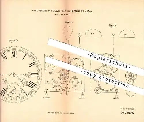 original Patent - Karl Flugel in Bockenheim bei Frankfurt a. Main , 1886 , Weckerwerk , Wecker , Uhr , Uhren , Uhrmacher