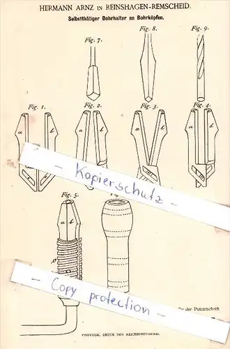 Original Patent - H. Arnz in Reinshagen-Remscheid , 1885 , Selbstthätiger Bohrhalter an Bohrköpfen !!!