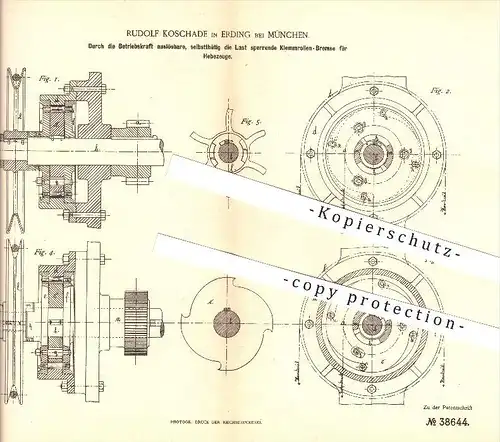 original Patent - Rudolf Koschade in Erding bei München , 1886 , Klemmrollen-Bremse für Hebezeuge , Bremsen !!!