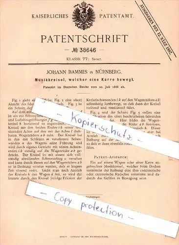 Original Patent - J. Bammes in Nürnberg , 1886 , Musikkreisel, welcher eine Karre bewegt !!!