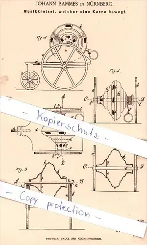 Original Patent - J. Bammes in Nürnberg , 1886 , Musikkreisel, welcher eine Karre bewegt !!!