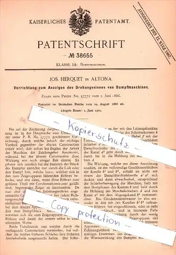 Original Patent - Jos. Herquet in Altona , 1886 , Anzeigen des Drehungssinnes von Dampfmaschinen !!!