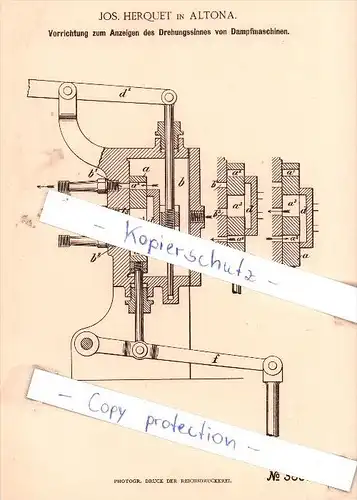 Original Patent - Jos. Herquet in Altona , 1886 , Anzeigen des Drehungssinnes von Dampfmaschinen !!!