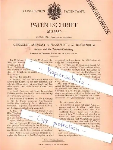 Original Patent - A. Askenasy in Frankfurt a. M.-Bockenheim , 1886 , Sprech- und Hör-Telephon-Einrichtung !!!