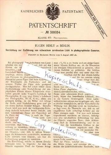 Original Patent - Eugen Himly in Berlin , 1886 , Einführung von Licht in photographische Cameras !!!