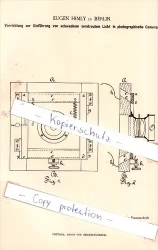 Original Patent - Eugen Himly in Berlin , 1886 , Einführung von Licht in photographische Cameras !!!