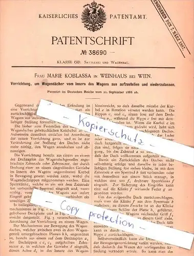 Original Patent -  M. Koblassa in Weinhaus bei Wien , 1886 , Sattlerei und Wgenbau !!!