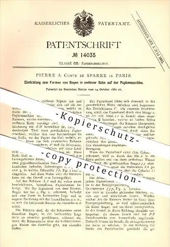 original Patent - Pierre A. Comte de Sparre in Paris , 1880 , Formen von Bogen auf der Papiermaschine , Papierfabrik !!!