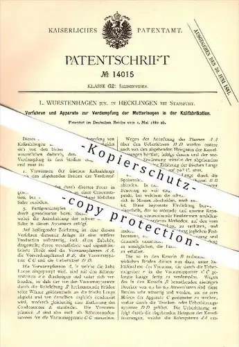 original Patent - L. Wuestenhagen Jun. in Hecklingen bei Stassfurt , 1880 , Verdampfung von Mutterlaugen , Lauge !!!