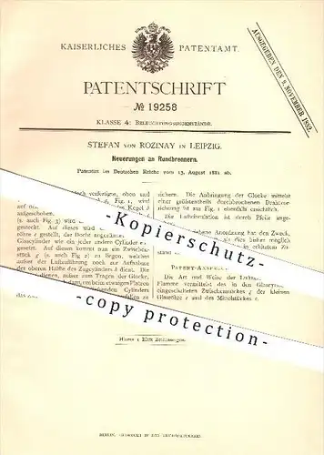 original Patent - Stefan von Rozinay in Leipzig , 1881 , Rundbrenner , Brenner , Licht , Lampen , Beleuchtung !!!
