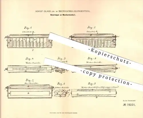 original Patent - Adolf Glass Jun. in Brunndöbra-Klingenthal , 1882 , Mundharmonika , Musik , Musikinstrumente !!!