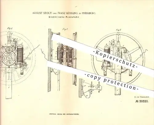 original Patent - August Stouy & Franz Küssling in Pressburg / Bratislava , 1884 , Elektrische Pendeluhr , Uhrmacher !!!