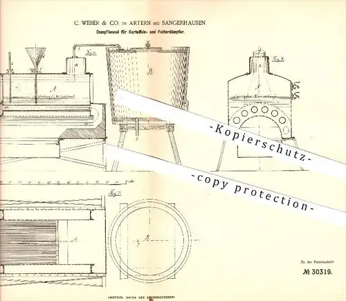 original Patent - C. Weber & Co. in Artern bei Sangerhausen , 1884 , Dampfkessel für Kartoffel- und Futterdämpfer !!!