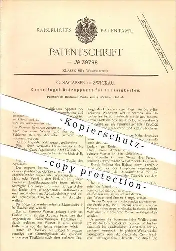 original Patent - G. Sagasser in Zwickau , 1886 , Zentrifugal-Klärapparat für Flüssigkeiten , Wasserleitung !!!