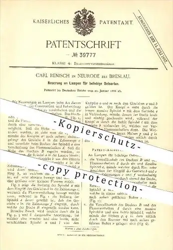 original Patent - Carl Renisch in Neurode / Nowa Ruda bei Breslau , 1886 , Lampen für Öl , Licht , Schlesien !!!