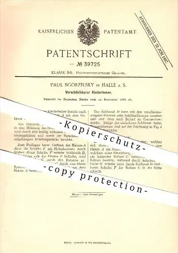 original Patent - Paul Sgorzelsky in Halle a. S. , 1886 , Verschließbarer Kleiderhaken , Kleider , Haushalt !!!