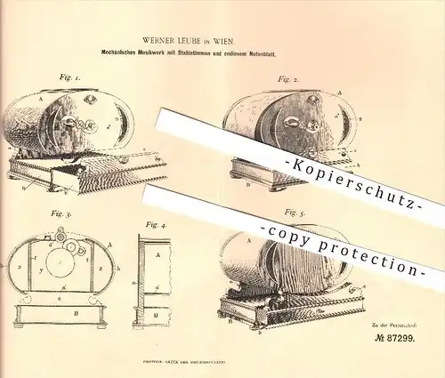 original Patent - Werner Leube in Wien , 1895 , Mechanisches Musikwerk mit Stahlstimmen , Musik !!!