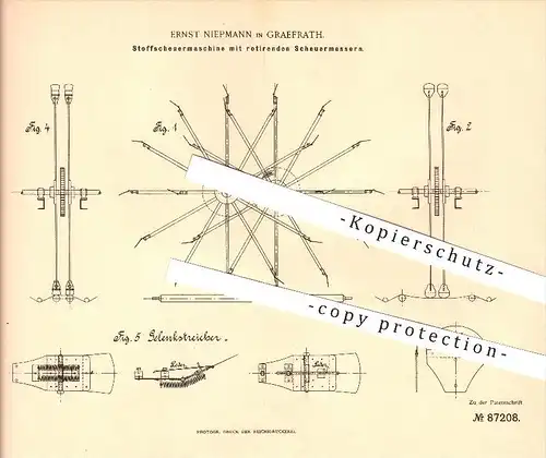 original Patent - Ernst Niepmann in Gräfrath b. Solingen ,1895 , Stoffscheuermaschine mit rotierenden Scheuermessern !!!