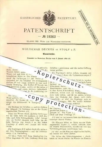 original Patent - Woldemar Decker in Stolp i. P. , 1882 , Wassermotor , Motor , Kraftmaschinen , Wasserkraft !!!