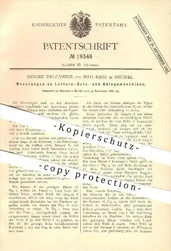 original Patent - I. Delcambre und M. Riesz in Brüssel , 1881 , Letter-  und Ablegemaschinen , Druckerei , Bruxelles !!