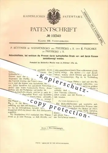 original Patent - P. Büttner in Weissenborn &  E. Paschke in Freiberg i. S. , 1882, Holzschleifstein , Papierherstellung