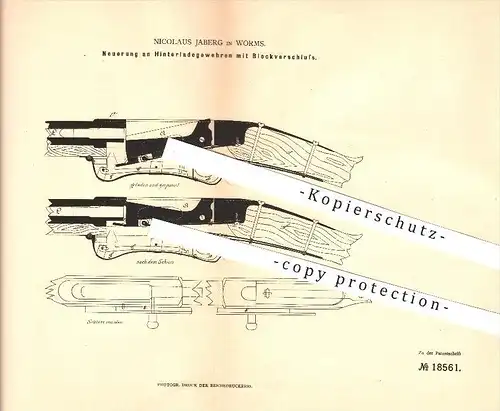 original Patent - Nicolaus Jaberg in Worms , 1881 , Hinterladegewehr mit Blockverschluss , Waffen , Gewehr , Geschosse !