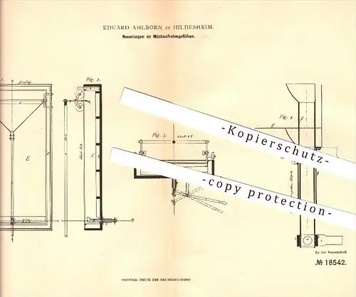 original Patent - Eduard Ahlborn in Hildesheim , 1881 , Milchaufrahmgefäße , Landwirtschaft !!!