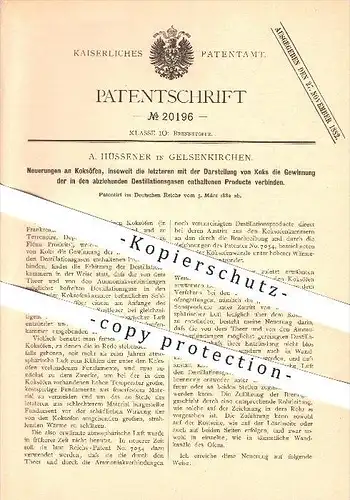 original Patent - A. Hüssener in Gelsenkirchen , 1882 , Koksofen , Ofen , Ofenbauer , Heizung , Brennstoffe !!!