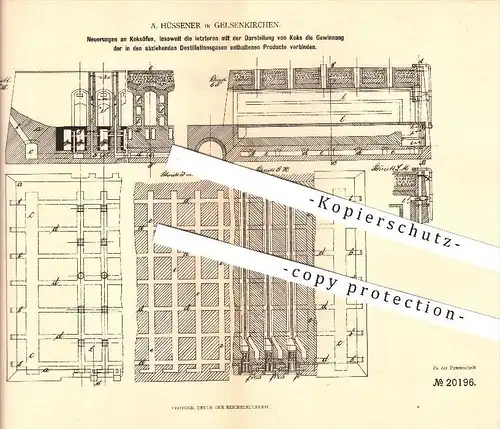original Patent - A. Hüssener in Gelsenkirchen , 1882 , Koksofen , Ofen , Ofenbauer , Heizung , Brennstoffe !!!