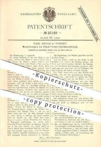 original Patent - Carl Haugk in Wurzen , 1882 , Zigarrenwickelmaschine , Zigarren , Rauchen , Tabak !!!