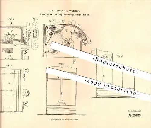 original Patent - Carl Haugk in Wurzen , 1882 , Zigarrenwickelmaschine , Zigarren , Rauchen , Tabak !!!