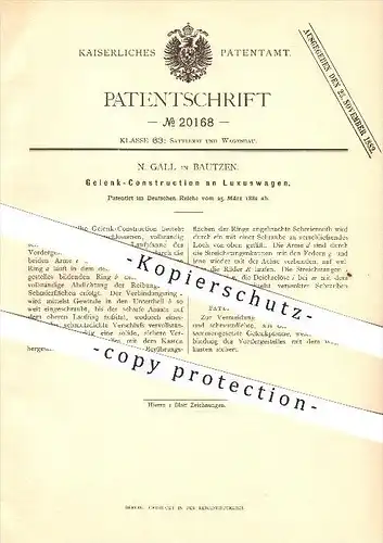 original Patent - N. Gall in Bautzen , 1882 , Gelenk-Konstruktion an Luxuswagen , Kutschen , Wagenbau , Fahrzeugbau !!!