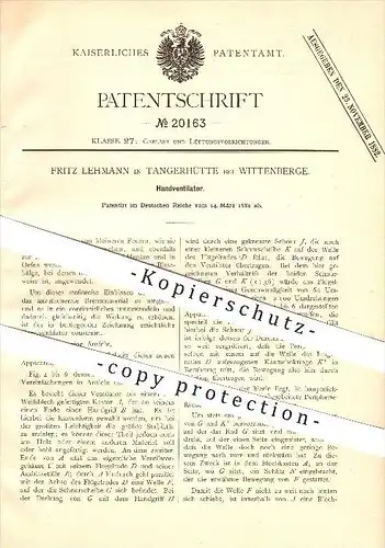 original Patent - Fritz Lehmann in Tangerhütte bei Wittenberge , 1882 , Handventilator , Ventilator , Gebläse , Lüfter !