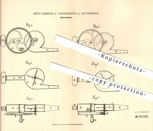 original Patent - Fritz Lehmann in Tangerhütte bei Wittenberge , 1882 , Handventilator , Ventilator , Gebläse , Lüfter !
