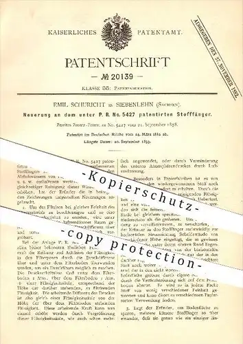 original Patent - Emil Schuricht in Siebenlehn b. Großschirma ,1882 , Stofffänger , Papierherstellung , Papierfabrik !!!