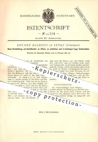 original Patent - Eduard Ellendt in Stolp , 1882 , Vorrichtung zum Öffnen, Schliessen u. Feststellen von Dachfenstern !!