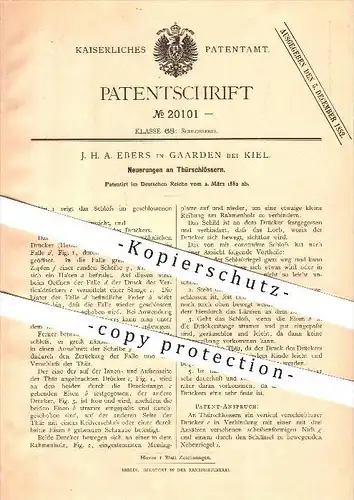 original Patent - J. H. A. Ebers in Gaarden bei Kiel , 1882 , Türschlösser , Türschloss , Schloss , Tür , Tischler !!!