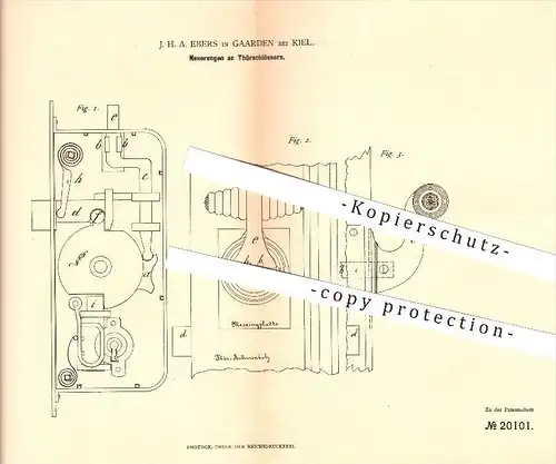 original Patent - J. H. A. Ebers in Gaarden bei Kiel , 1882 , Türschlösser , Türschloss , Schloss , Tür , Tischler !!!