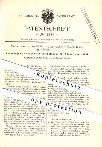 original Patent - Holzwarenfabrik Woerth am Main u. Caesar Fuchs & Co. in Wörth a. M. , 1880 , Verschlüsse für Fässer !!