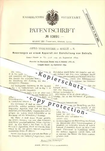 original Patent - Otto Thalwitzer in Halle a. S. , 1880 , Apparat zur Darstellung von Ölruss !!!