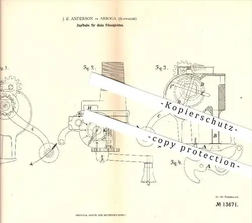 original Patent - J. E. Anderson in Arboga , Schweden , 1880 , Zapfhahn für dicke Flüssigkeiten !!!