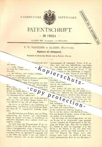 original Patent - F. W. Westebbe in Altena , 1882 , Kippkarre mit Stellapparat , Wagenbau !!!