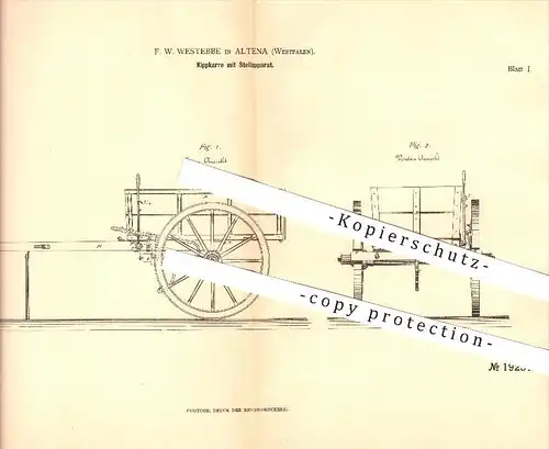 original Patent - F. W. Westebbe in Altena , 1882 , Kippkarre mit Stellapparat , Wagenbau !!!